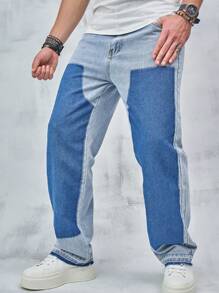 男士雙色直筒牛仔褲 - 藍色 - 查看 4