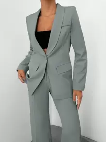 EURMUSE Shawl Collar Single Button Blazer & Pants - Grey - View 3