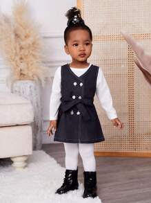 Baby Girls' Denim Effect Printed Tank Dress And T-Shirt Set - Black - View 5