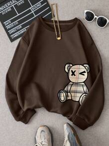 SHEIN LUNE 女款卡通印花抓絨運動衫 - 巧克力棕 - 查看 1