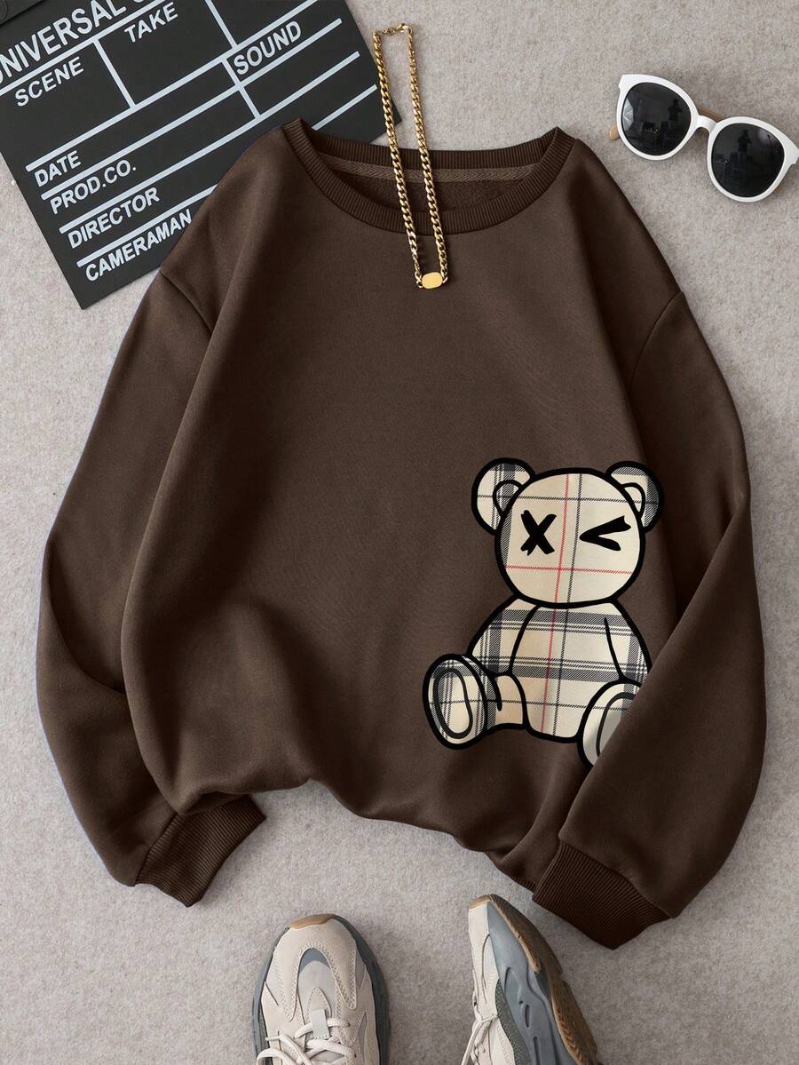 SHEIN LUNE 女款卡通印花抓絨運動衫 - 巧克力棕 - 查看 1