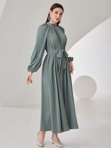 Modelyn Women's Raglan Long Sleeve Pleated Belted Dress - Green - View 3