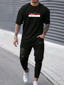 Manfinity Homme 男士字母印花短袖t恤和長褲套裝,2件套 - 黑色 - 查看 1