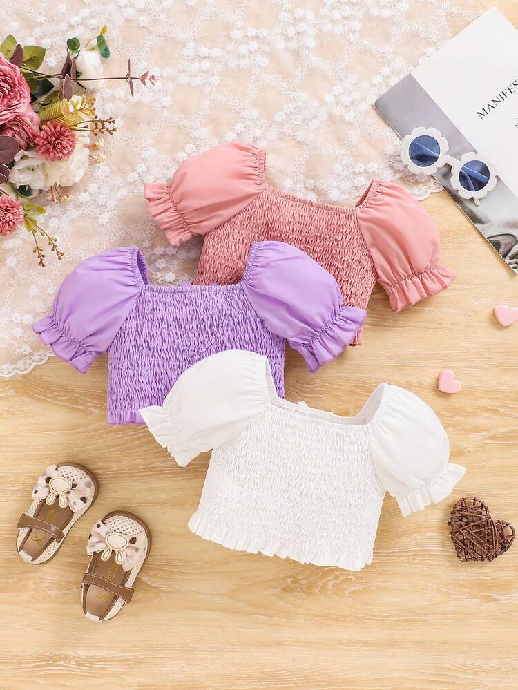 Baby Girls' Plain Shirred Tunic Top 3pcs Set