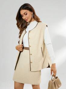 GENKIRA Ensemble Deux Pièces Gilet Et Jupe À Bordure De Couleur Contrastée Pour Femmes - Camel - Voir 4