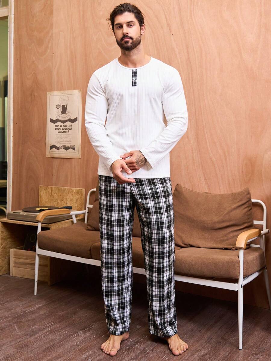 男士格紋長袖上衣和長褲家居服套裝 - 彩色 - 查看 1