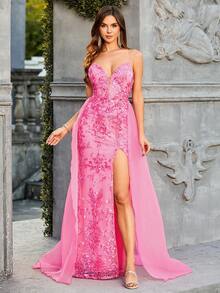 Double Crazy Women's Floral Embroidery Mesh Splice High Side Slit Spaghetti Strap Formal Dress - Hot Pink - View 5