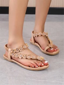 女士白色一脚蹬凉鞋，平底花朵装饰露趾沙滩鞋，波西米亚风格米色夏季女鞋 - 卡其色 - 查看 2