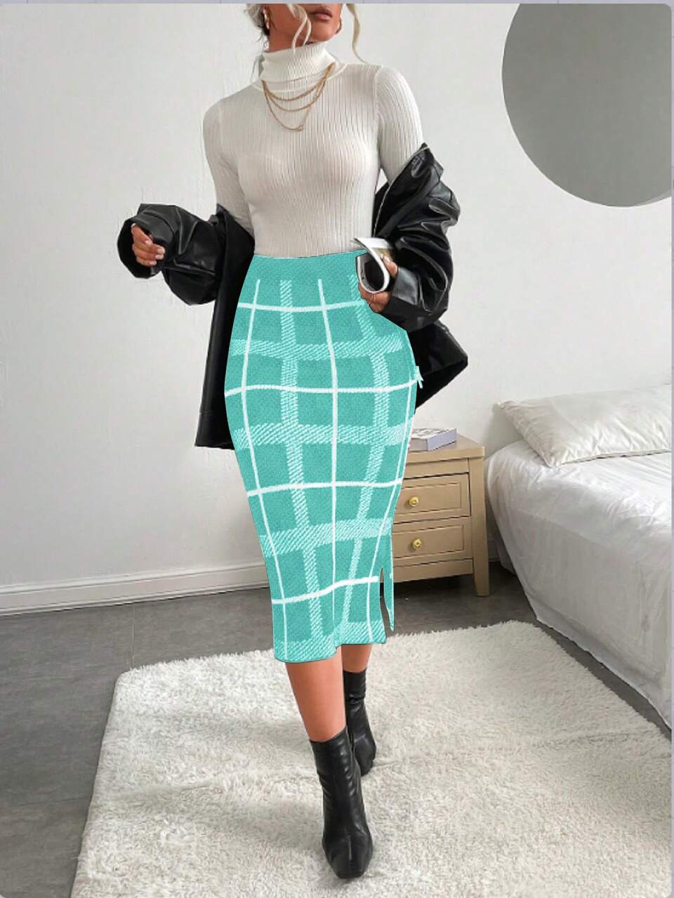 Knitted Jacquard Plaid Striped Skirt