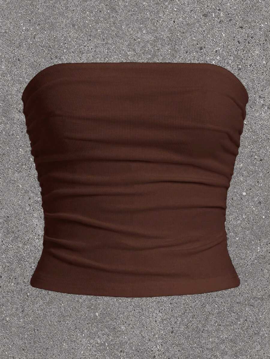 SHEIN EZwear 女士單色無肩帶上衣 - 棕色 - 查看 1