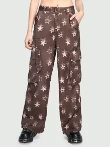 ROMWE Grunge Punk Star Printed Cargo Pants With Large Pockets - Brown - View 1