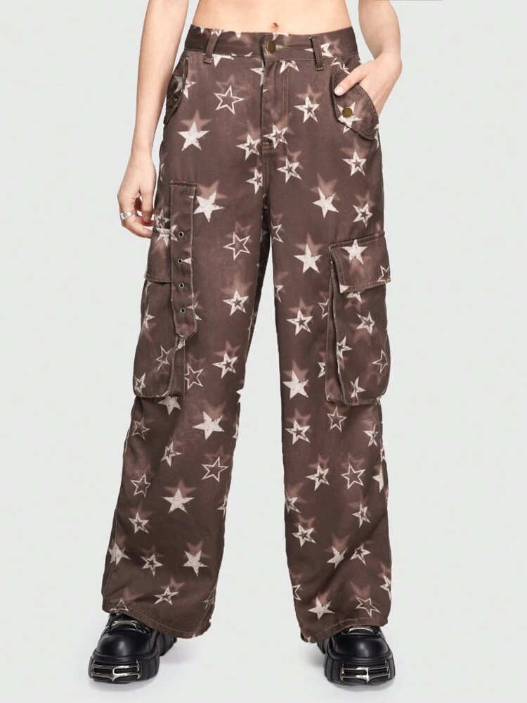 Star Printed Cargo Pants With Large Pockets