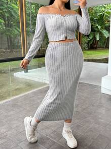 SHEIN EZwear 大尺寸萵苣邊T卹和裙子套裝 - 灰色 - 查看 1