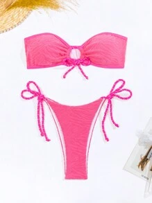 SHEIN Swim Letni bez ramiączek teksturowany zestaw bikini z węzłem z przodu i wiązaniami po bokach Valentine