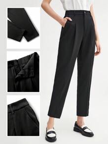 BizChic Women's Black Solid Pleated 7/8 Length Suit Pants, Side Pockets, Versatile For Urban Commute, Business, Casual, Office Wear, Autumn/Winter