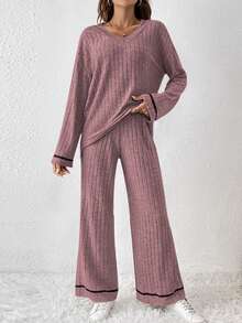 SHEIN Frenchy 女士v領下垂肩綁帶口袋長袖t恤和褲子兩件套裝 - 藕粉色 - 查看 4