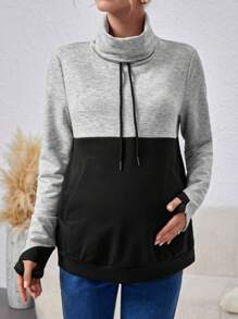 SHEIN Maternity Turtleneck Contrast Color Nursing Pullover - Grey - View 3
