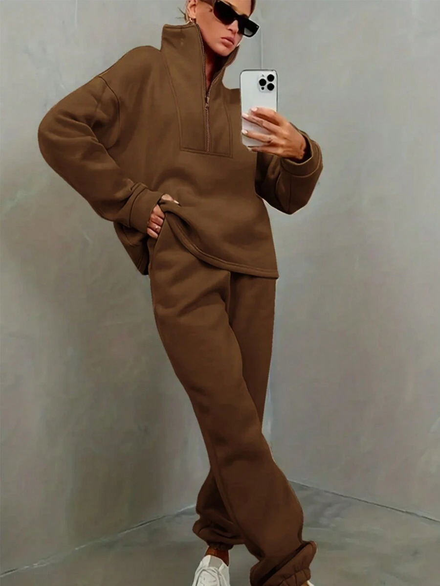 SHEIN Essnce 女款純色半拉鍊連帽衫與慢跑褲套裝 - 咖啡棕 - 查看 1