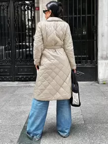 EURMUSE Women'S Belted Padded Coat With Double Pockets - Krem - View 2