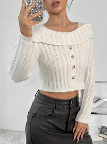 Lunelith SHEIN Lunessa Solid Color Button Decoration Cropped Sweater Knit Pullover Fall Winter Outfit