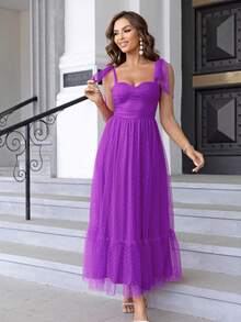 Joyfunear 女士纯色网纱无袖连衣裙，优雅夏季 - 紫色 - 查看 3