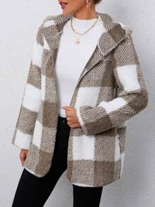 SHEIN EZwear Abrigo de peluche con capucha con estampado de cuadros búfalo para otoño/invierno - Multicolor - Ver 4