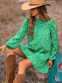 SHEIN Frenchy Floral Print Frilled Hem Dress - Green - View 6