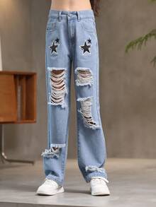 Teen Girls Ripped Jeans With Five-Pointed Star Pattern - Blue - View 1