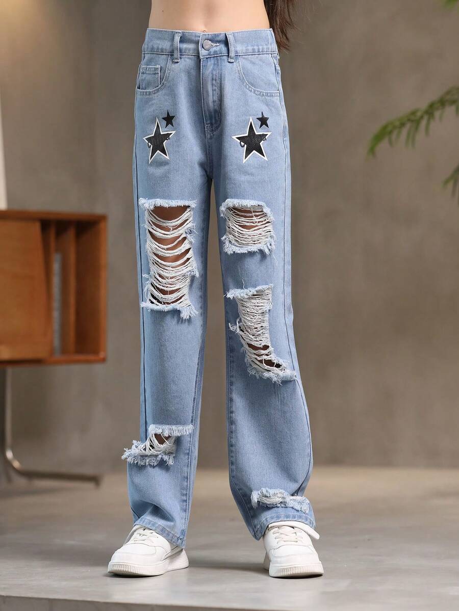 Teen Girls Ripped Jeans With Five-Pointed Star Pattern - Blue - View 1