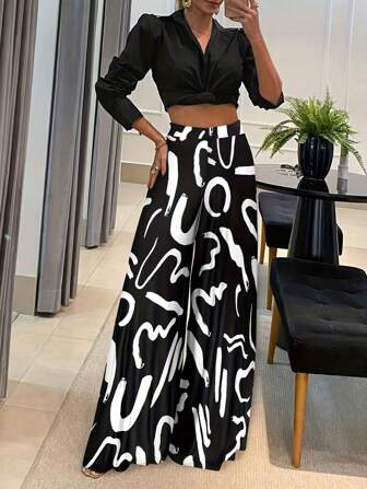 优雅几何印花宽松阔腿时尚女裤春夏装