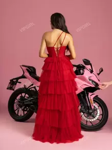Women's Oblique Shoulder 3D Cake Style Mesh Flare Dress High Slit Evening Dress