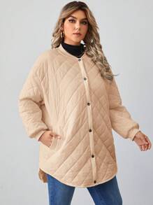 SHEIN LUNE 大码女式单排扣长袖夹棉大衣 - 杏色 - 查看 5