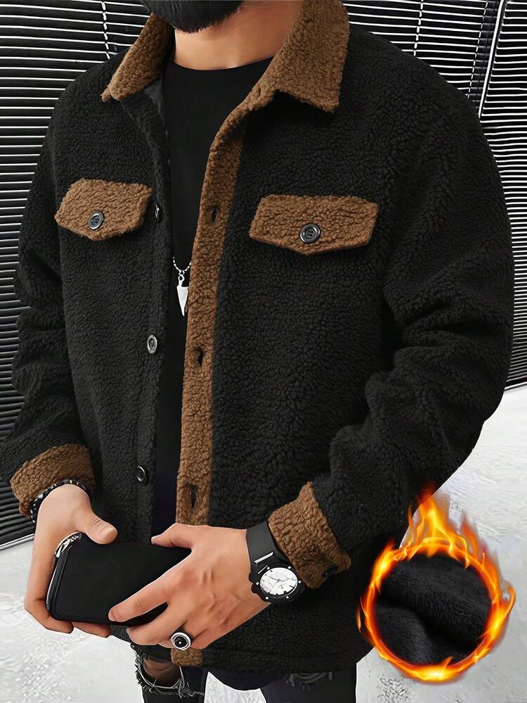 Men's Loose Fit Jacket With Color Block And Lapel Design