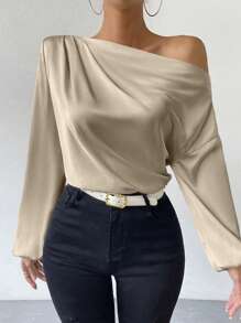 RosyDaze Asymmetric Neckline Lantern Sleeve Top One Shoulder Top Fall Cloth For Women - Khaki - View 1