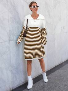 EURMUSE 半拉鍊條紋毛衣連身裙 - 駝色 - 查看 6