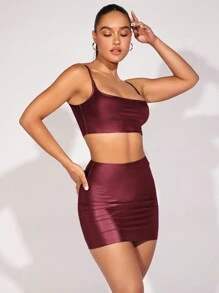 SHEIN BAE 上衣背心和裙子套裝 - 酒紅色 - 查看 6