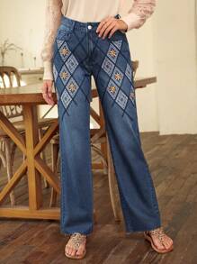 SHEIN LUNE 女款花卉和幾何刺繡牛仔褲 - 藍色 - 查看 4