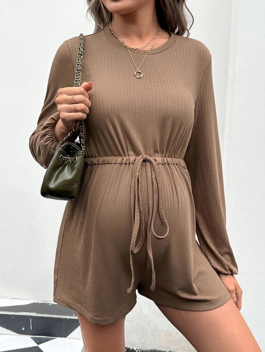 SHEIN 孕妇纯色长袖连体衣，腰部有抽绳，适合孕妇 - 咖啡棕 - 查看 1