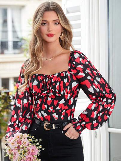 SHEIN Frenchy Full Heart Print, Front Tie, Stand-Up Collar, Lantern Sleeves With Elastic Cuffs, Fitted Blouse ,Valentine's Day Blouse,Heart-Shaped Blouse