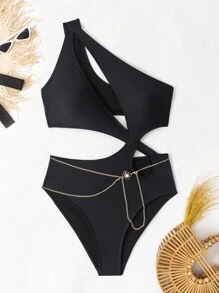 SHEIN Swim Asymmetrical One-piece Swimsuit - Black - View 1