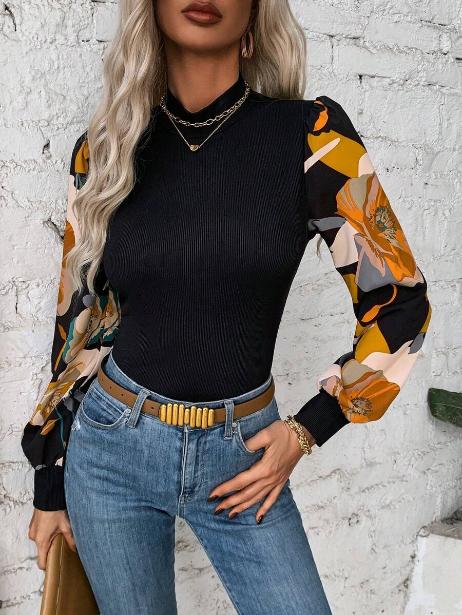 EMERY ROSE 女士花卉印花立領燈籠袖上衣,帶拼接細節 - 彩色 - 查看 1