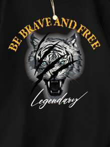 SHEIN EZwear Của phụ nữ Slogan In Hình con hổ Lông cừu Áo nỉ - màu đen - Xem 3