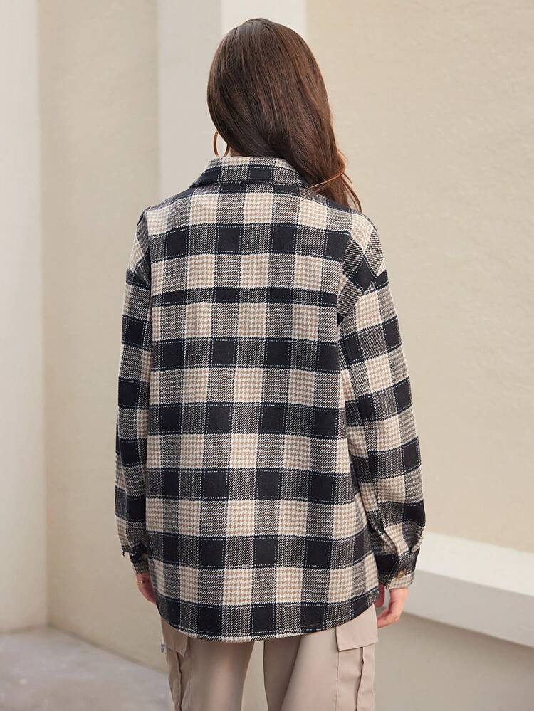 Chaqueta Casual A Cuadros Estilo Camisa Con Bolsillo Volteado