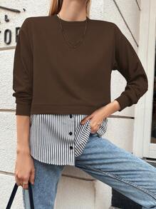 EURMUSE Cotton Contrast Striped Print Button Detail 2 In 1 Sweatshirt - Brown - View 5