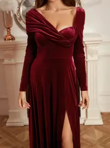 Asymmetrical Gathered Design High Slit A-Line Elegant Party Dress