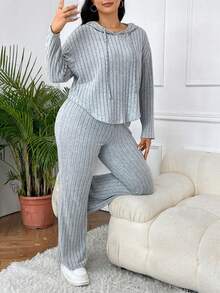 SHEIN CURVE+ 女性純色簡約大尺碼套裝 - 淺灰色 - 查看 6