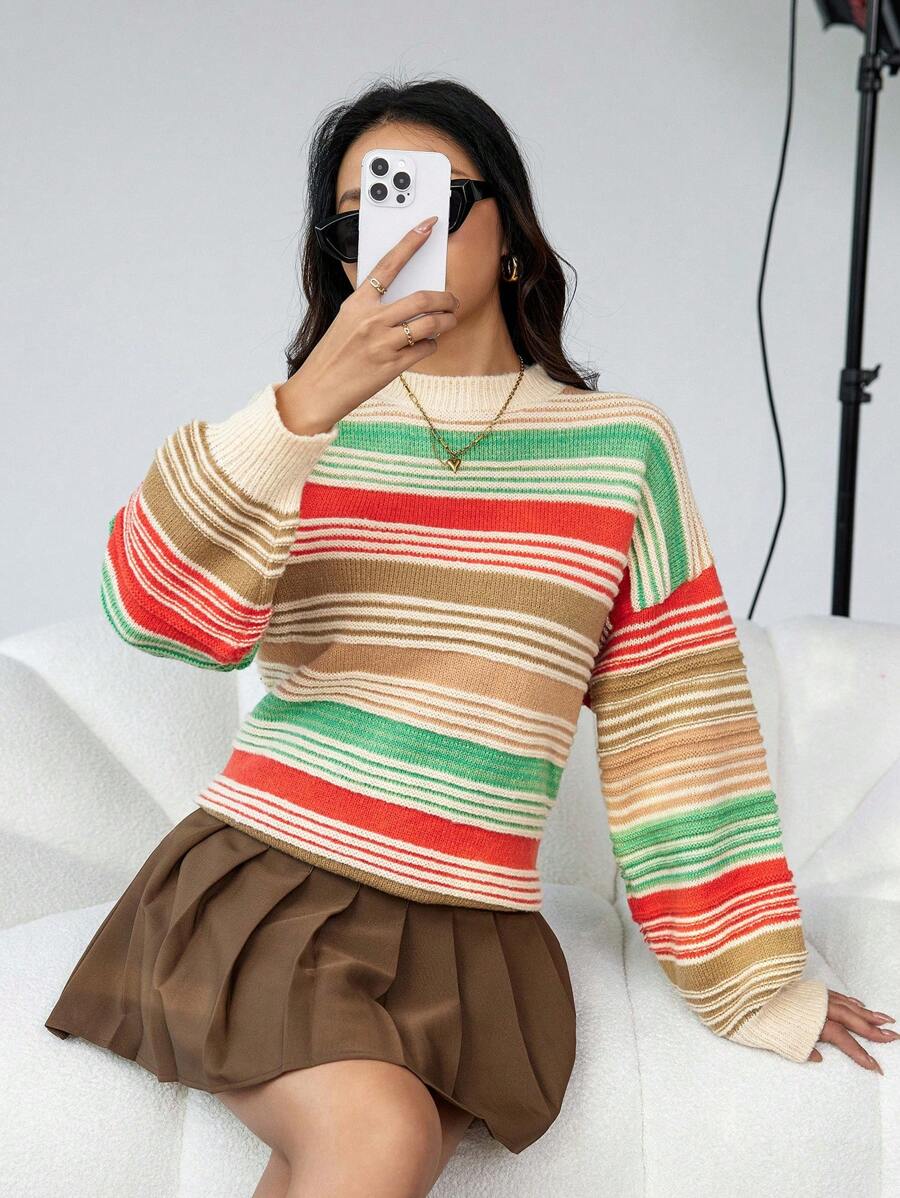 GENKIRA Drop Shoulder Stripe Knit Pullover Fall Winter Sweater - Multicolor - View 1