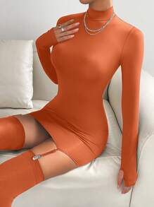 SHEIN Privé 性感露背純色女士連衣裙 - 橘色 - 查看 2