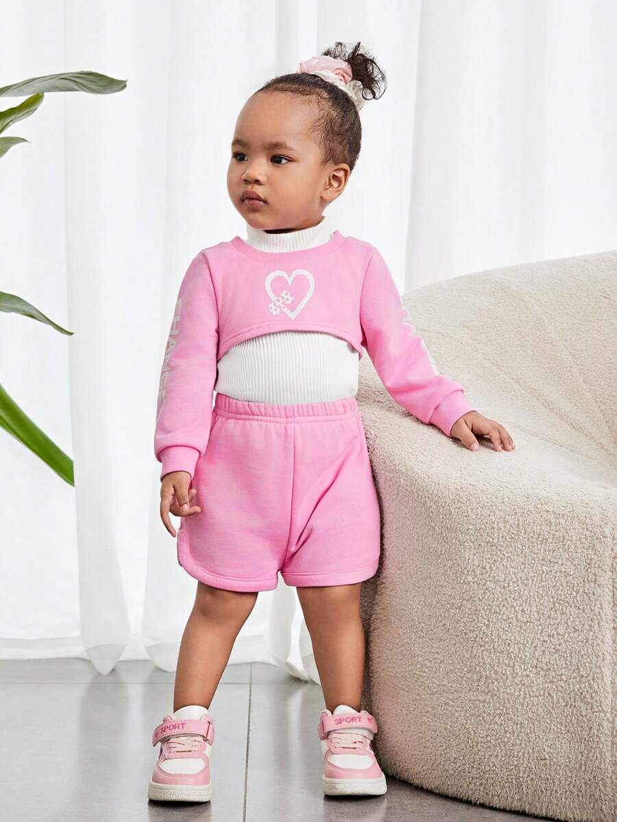 SHEIN Baby Girl Casual Knitted Sleeveless Vest Short Long-sleeved Sweatshirt Shorts Three-piece Set