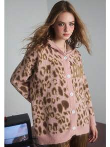 Lá thư & Hoa văn Báo Nút Lên áo có mũ Áo len Mở Áo len - Hồng - Xem 1